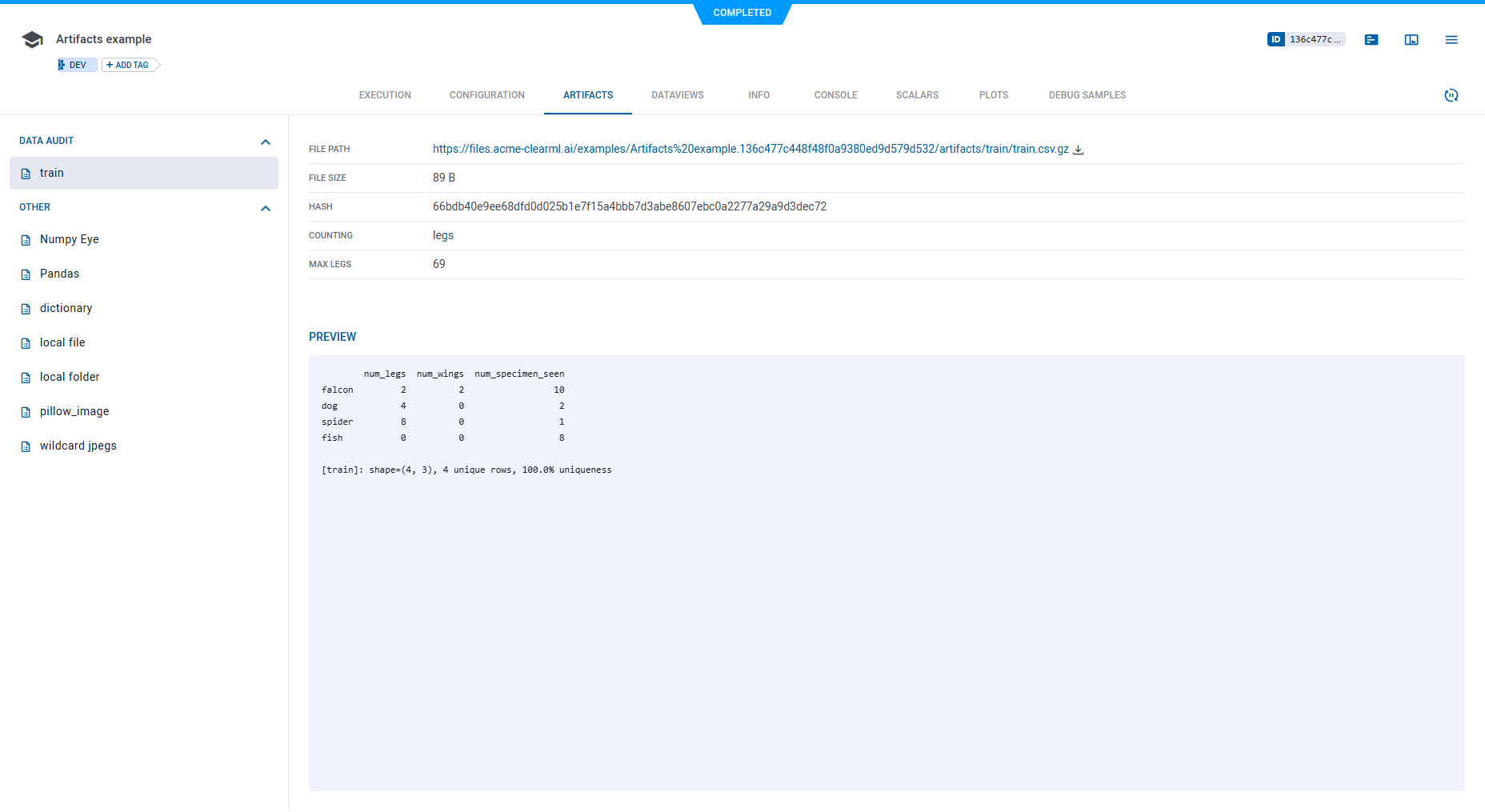 Artifacts Reporting | ClearML