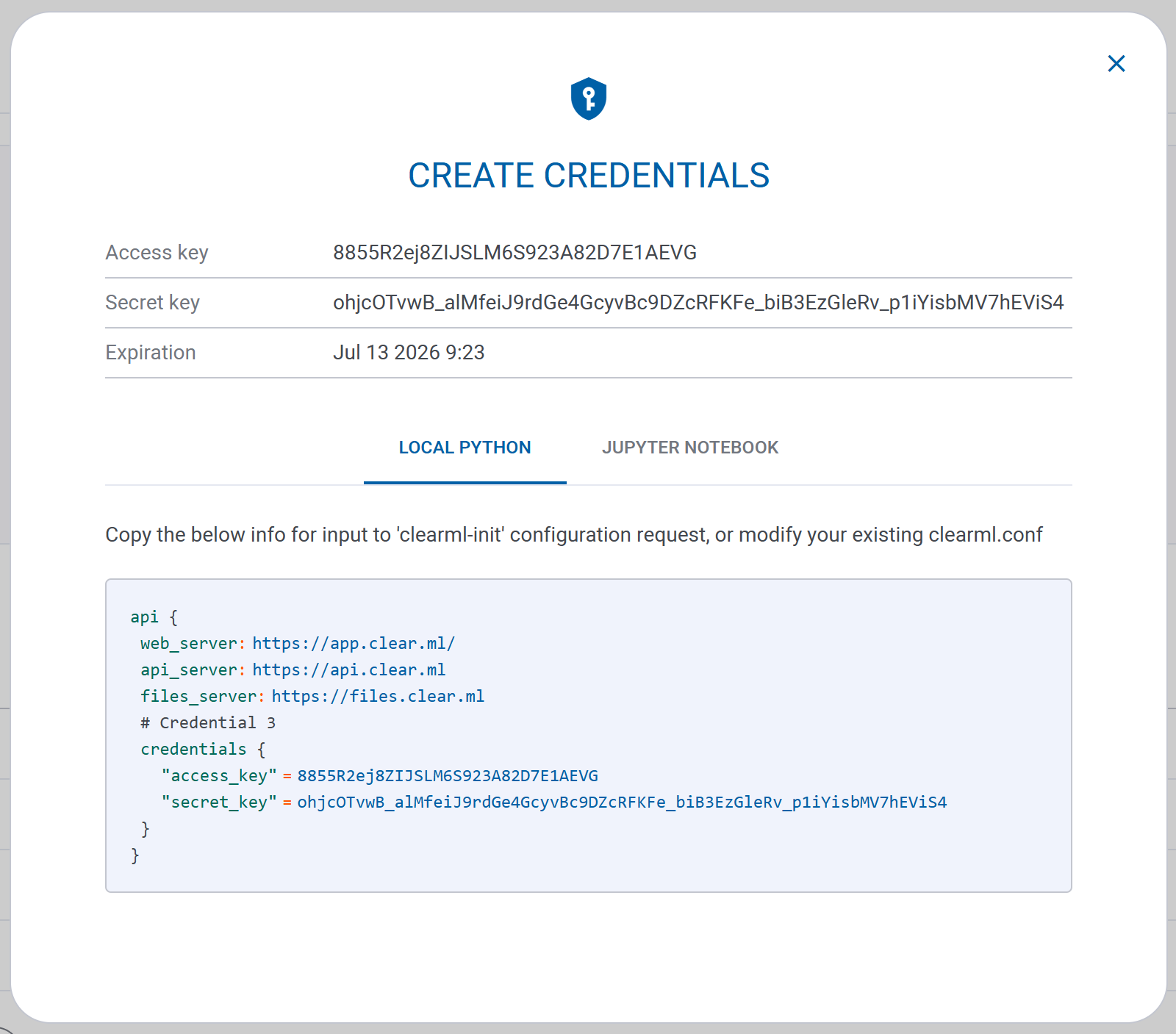 ClearML credentials
