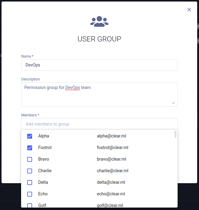 User group creation dialog