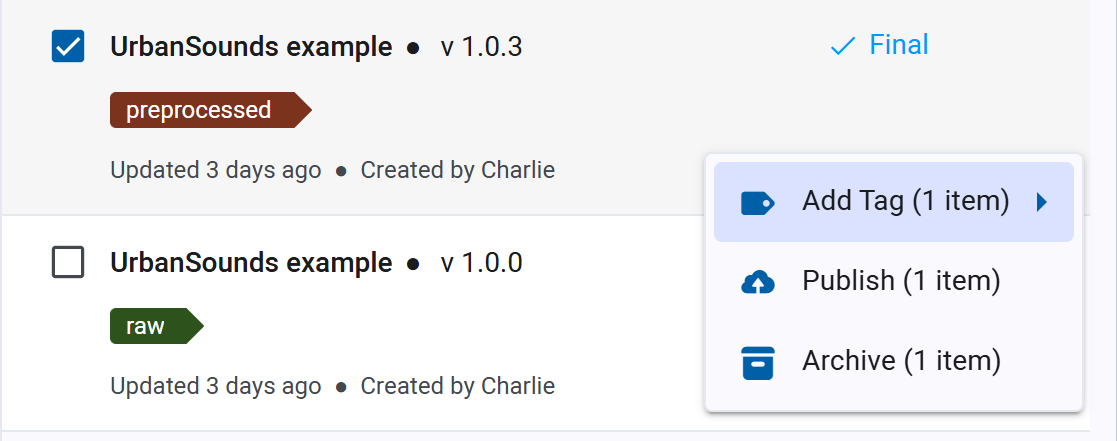 Dataset actions