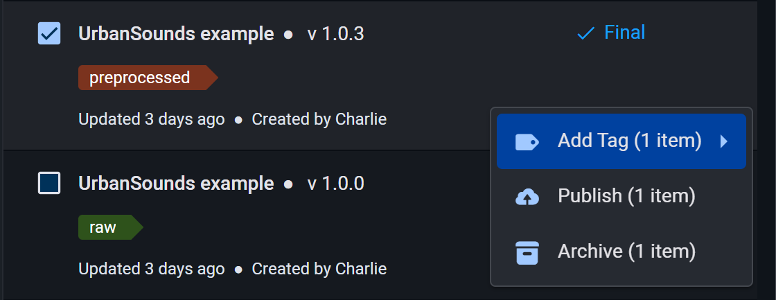 Dataset actions